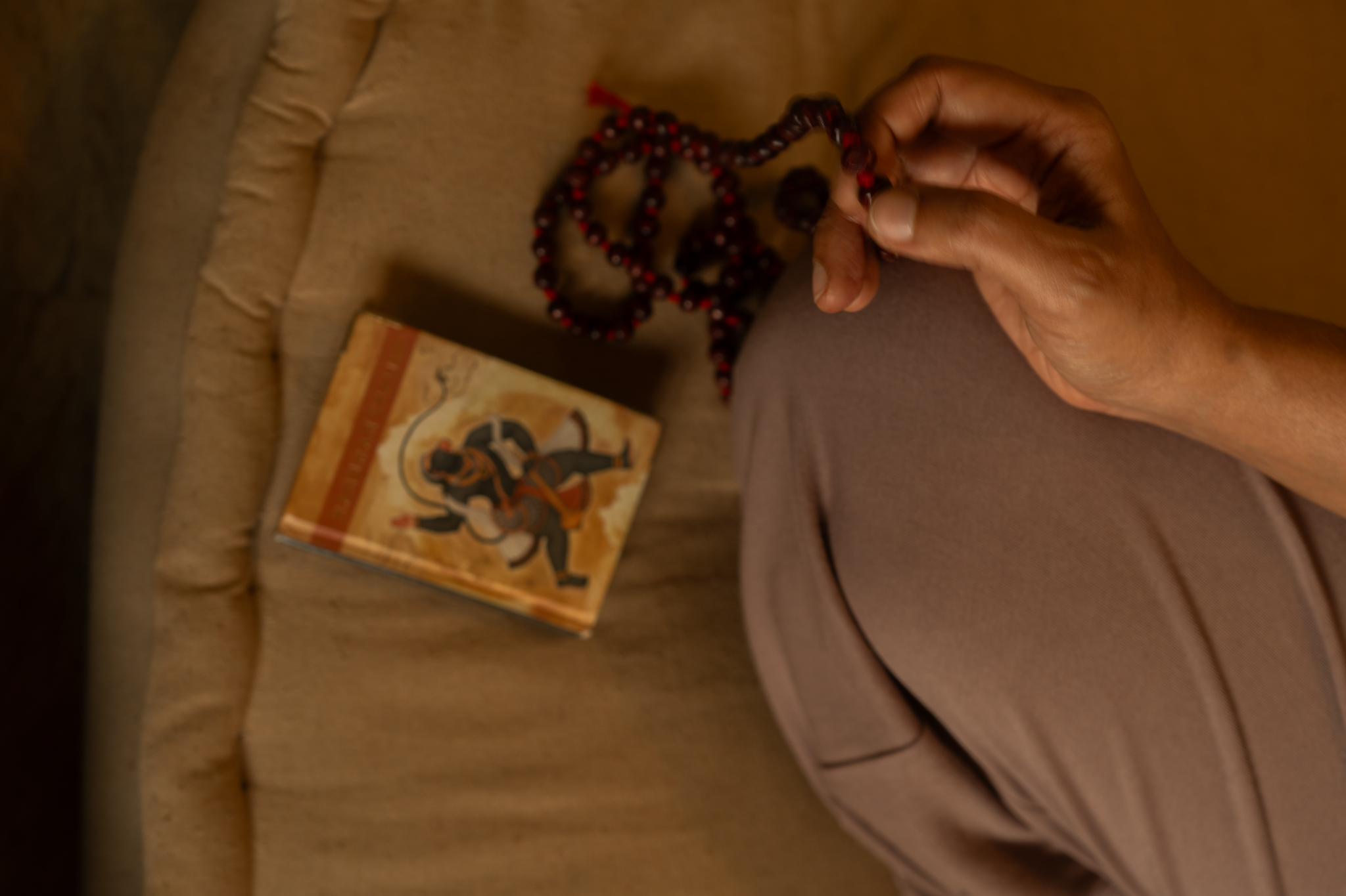 A mala, a small book and a hand resting on a cushion